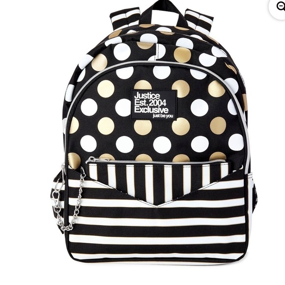 Justice Est 2004 Exclusive "Just Be You" Gold & White Polka-dot & Strip Backpack - Picture 1 of 16